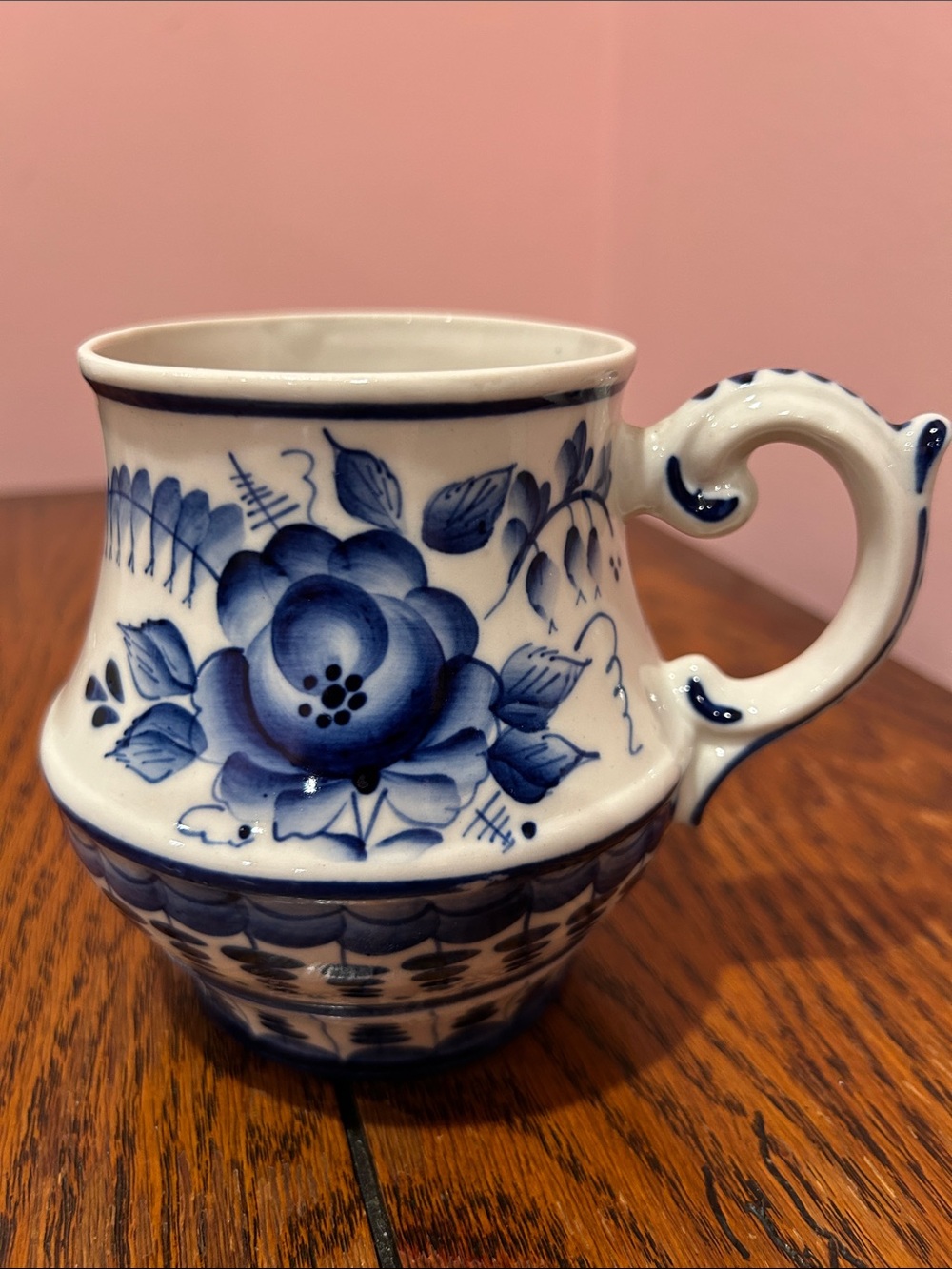 Russian Gzhel Blue and White Floral Ceramic Pitcher Mug